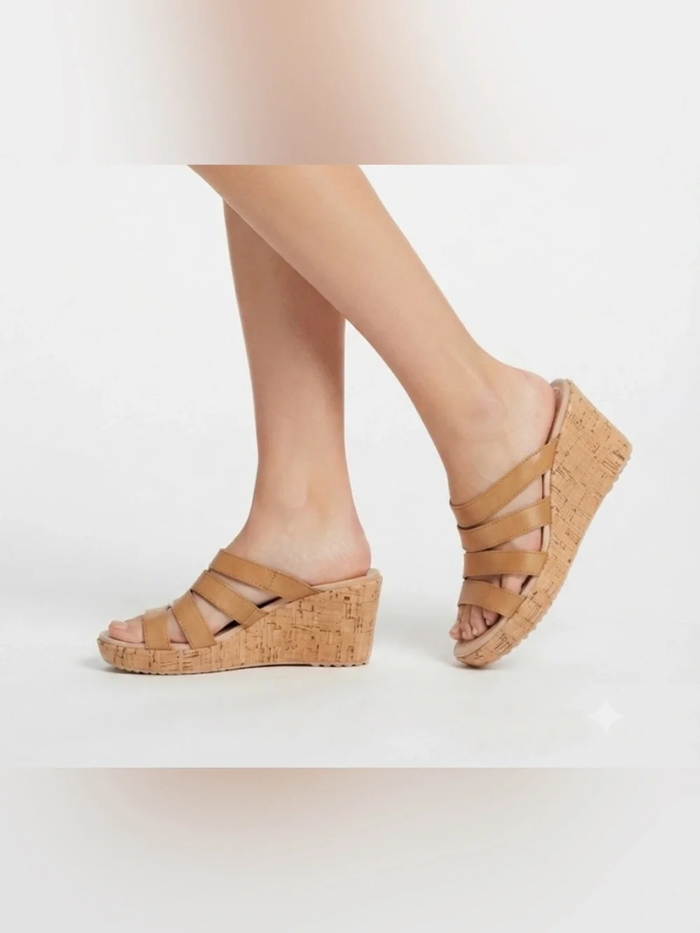 Crocs A- Leigh Tan Leather Wedge Slide Sandals Women Size 8 Cork Detail Comfort